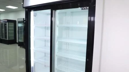 Design de moda Loja de cor preta Resfriamento dinâmico Portas de vidro duplo Descongelamento automático Display vertical Equipamento de refrigeração